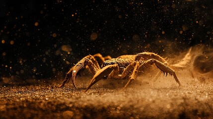 Scorpion in a dramatic close-up, illuminated by scattered light particles against a dark background. Highlights danger, nature, and survival. Generative AI