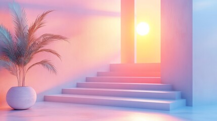 Obraz premium Pastel Staircase with Tropical Plant in Modern Room