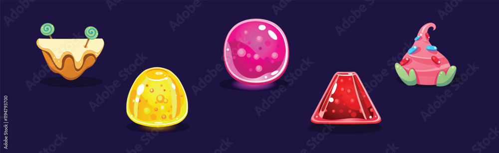 Poster candy and sweet of different shape and color as game element vector set