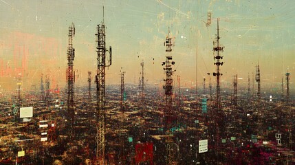 A digital rendering of a network of cell towers scattered across a cityscape, with visible signals connecting a variety of devices, illustrating the widespread communication via telecommunication 