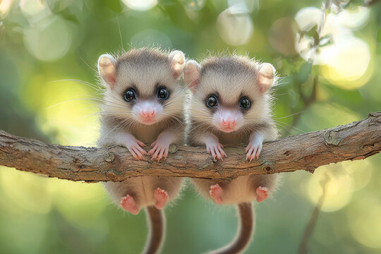 Two playful baby opossums hanging on a tree branch, one dangling upside down while the other looks curious, against a soft green blurred background,
