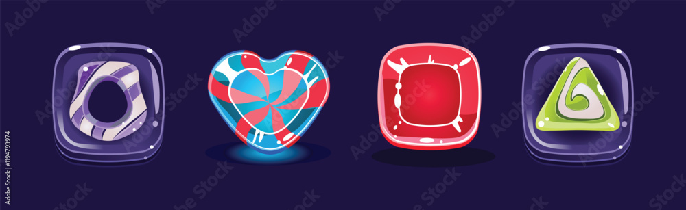 Poster candy and sweet of different shape and color as game element vector set
