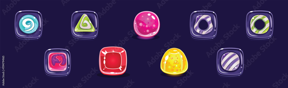 Poster candy and sweet of different shape and color as game element vector set