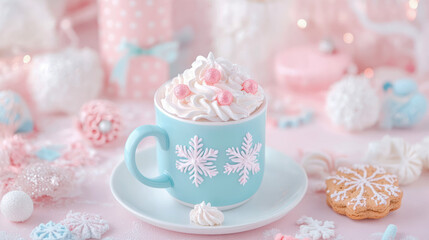 Fototapeta premium Winter Wonderland Hot Cocoa Delight: Festive Mug with Whipped Cream and Treats