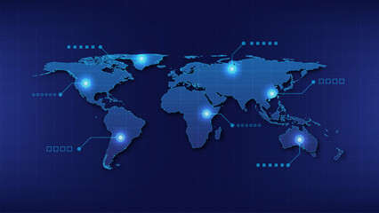 World map technology network connection with shadow. HUD Glow futuristic vector design, with line point location for infographic use to your globalization interface website © PKartstudio
