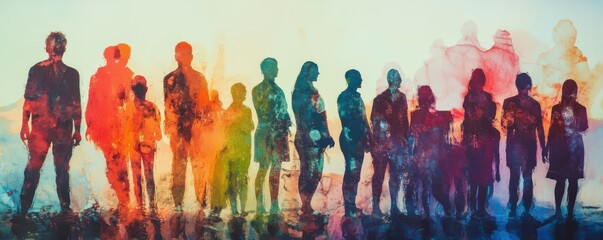 Abstract multi colored Group diversity silhouette multiethnic people from the side