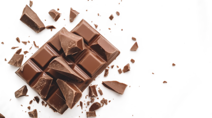 Pieces of a milk chocolate bar isolated on a white background