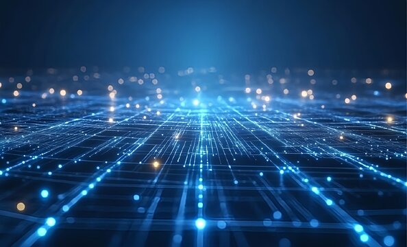 Glowing blue grid pattern that spreads across a dark background, symbolizing digital connectivity or a futuristic technology landscape, with scattered light points enhancing the scene