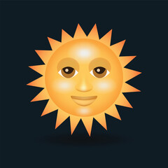 Sun with smiling face vector emoji illustration isolated on dark background