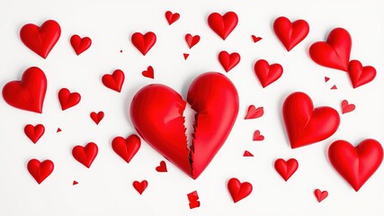 Broken Hearts Valentine's Day AI Art -  Tearing Red Hearts on White Background