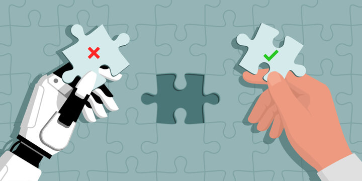 Human and AI robot completing a jigsaw puzzle