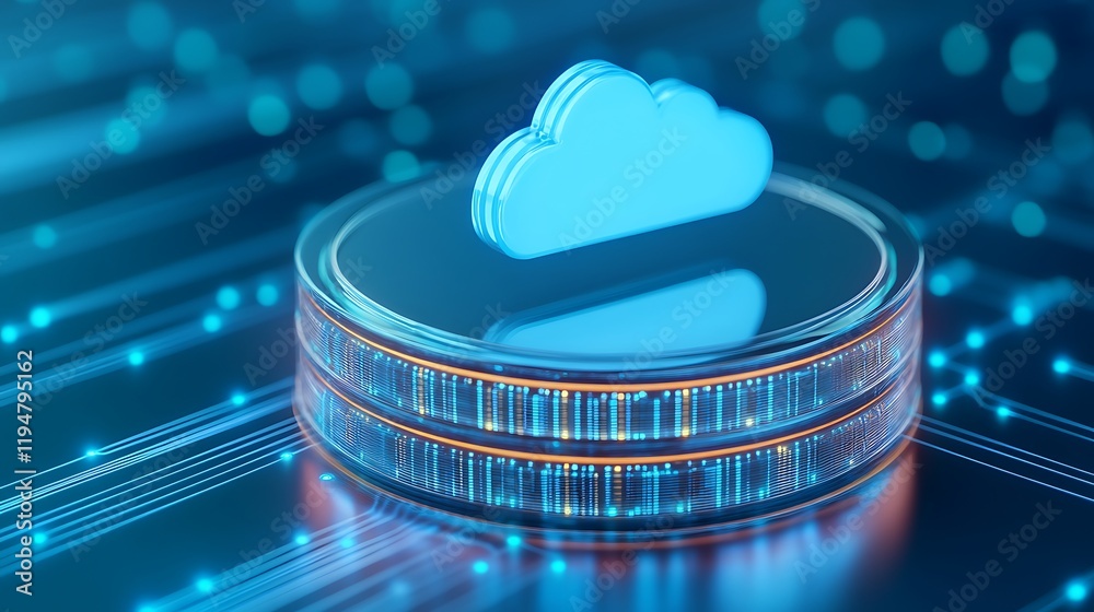 Poster 3d rendering of cloud icon on digital platform with futuristic background and glowing data connectio