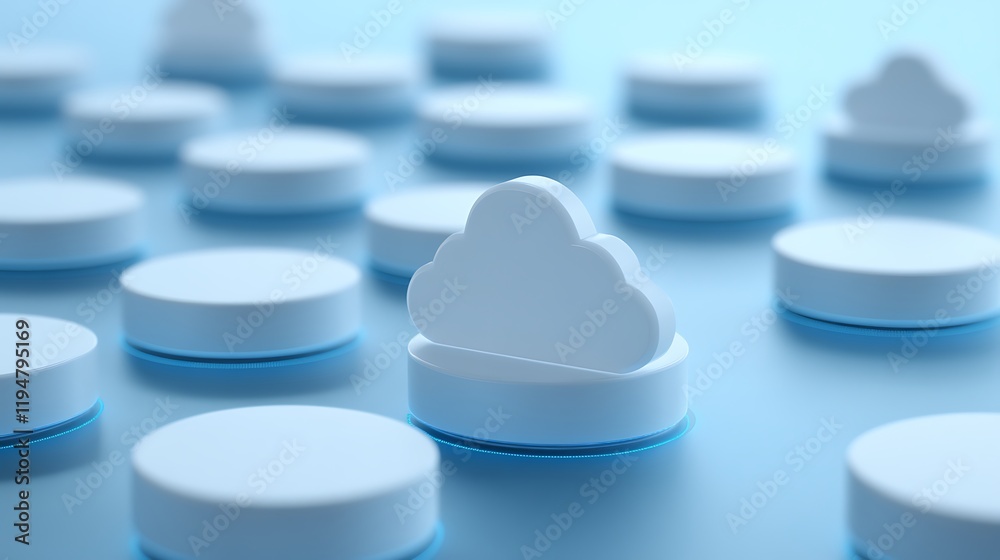Poster 3d rendering of cloud icon surrounded by circular platforms on soft blue background for technology c