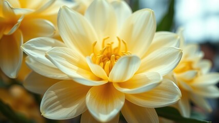 Fototapeta premium Close-up White Yellow Flower, Bright Colors, High Detail, Photorealistic, Nature Photography