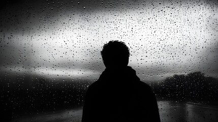 A person standing in the shadows, their face reflected in the rain-drenched window as they gaze out at the rainy landscape, a look of melancholy in their eyes as the outside world feels distant 