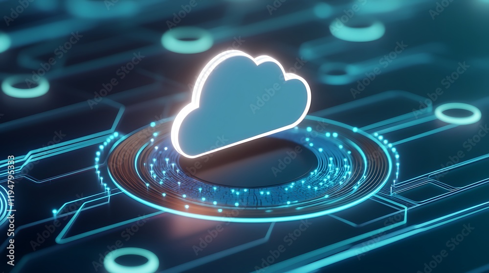 Poster abstract cloud computing concept with digital circuit elements and glowing effects on dark backgroun