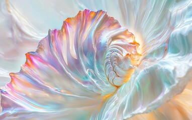 Fototapeta premium A radiant photo of a pearly shell texture with a kaleidoscope of pastel shades, including coral and turquoise, on a bright white surface