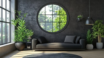 Dark modern living room with circular window, plants, and sofa.