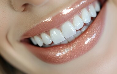 A radiant close-up smile with natural white teeth and a soft pink lip gloss on a clean white surface