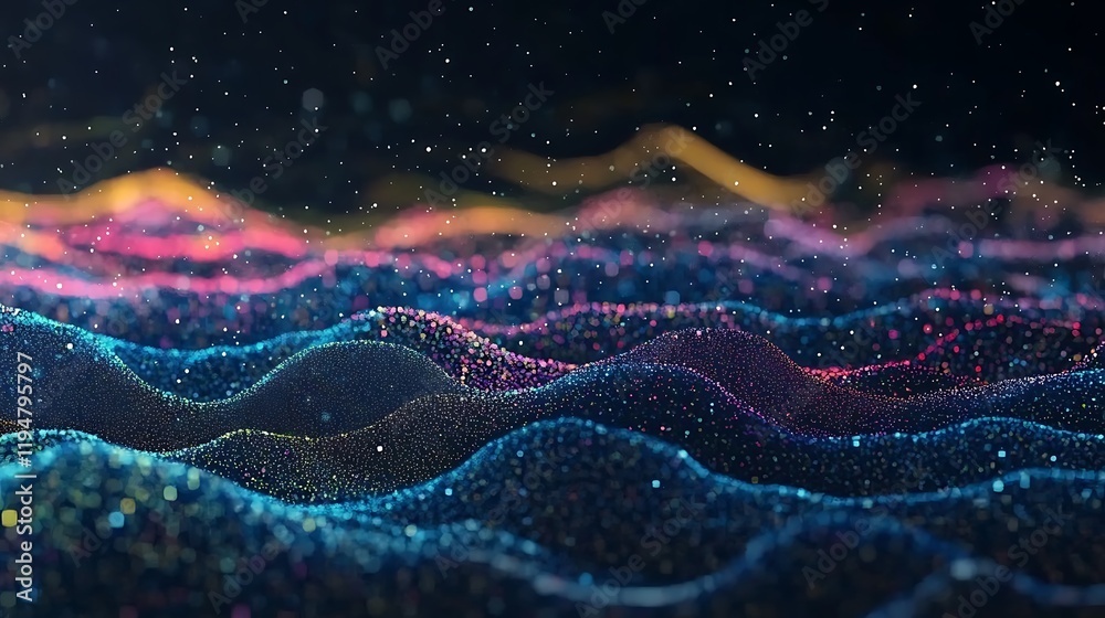 Poster abstract digital artwork showing a colorful particle landscape, representing data visualization and 