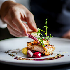 Closeup of food stylish. Restaurant serving. Close-up on the hand of a waiter carrying food, out-of-focus background.