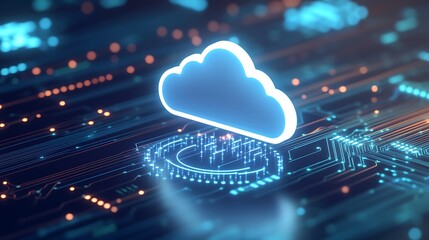 Abstract Digital Cloud Concept with Circuit Board Elements and Futuristic Blue Glowing Effects