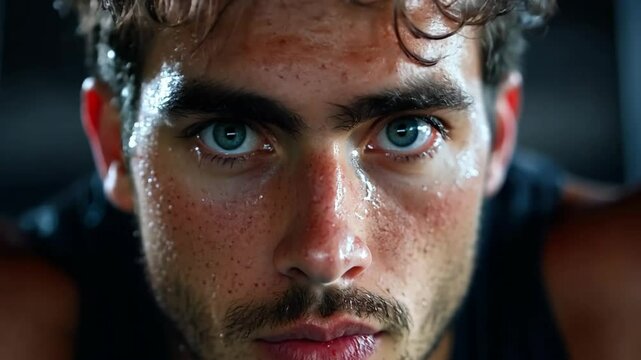 Intense athlete focused before competition with striking blue eyes and sweat on skin