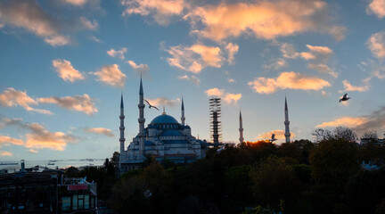 Fototapeta premium The Blue Mosque or Sultan Ahmet Mosque of Istanbul, sunset scene view, Turkey