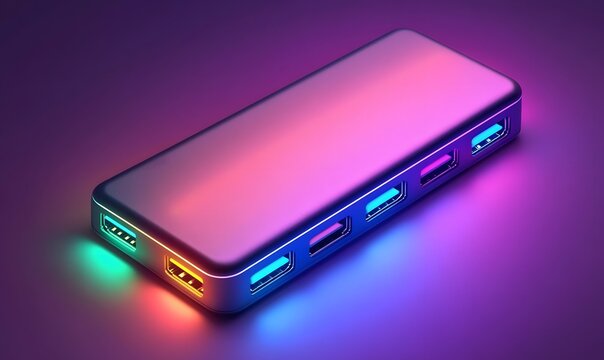 Sleek metallic USB hub with vibrant neon lights.