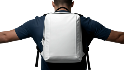 White blank backpack on man's back, view from behind, cut out.