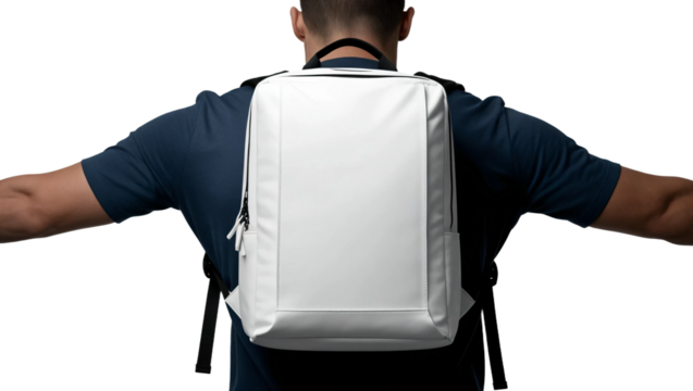White blank backpack on man's back, view from behind, cut out.