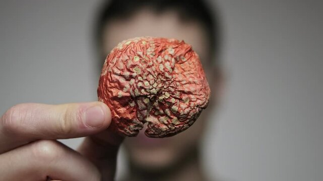 Hand holding a dried red fly agaric. microdosing medicine