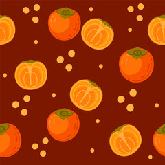 Seamless pattern of Persimmons exotic tropical whole and halved fruit. Ripe fresh natural nutrition, simple cartoon style design. Vector illustration on orange background