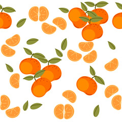 Seamless pattern of Mandarin with green leaves, whole and sliced citrus tropical fruit. Ripe exotic nutrition food, simple cartoon style. Flat vector illustration on white background