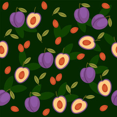 Seamless pattern of plums with leaves on white background. Ideal for food packaging, fruit-themed designs, or digital projects with a fresh vibe. Vector illustration
