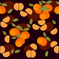 Seamless pattern of Mandarin with green leaves, whole and sliced citrus tropical fruit. Ripe exotic nutrition food, simple cartoon style. Flat vector illustration on brown background