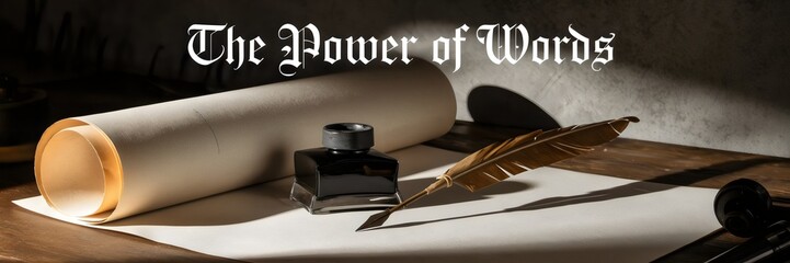 Ink pot and quill on wooden surface with scroll