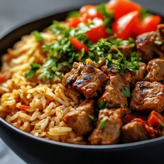 Close-up of a rice bowl with Turkish kebab and bulgur. Featuring a savory and spiced dish. Highlighting the texture and flavors of the kebab. Ideal for food and cultural themes.