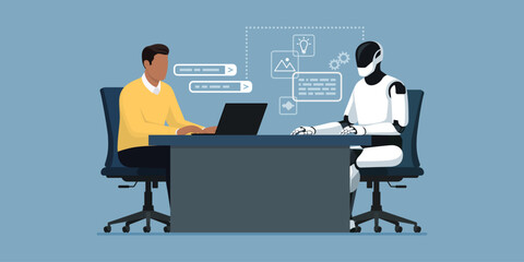 Man and robotic humanoid working together in the office