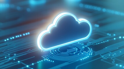 Bright Blue Cloud Icon on Abstract Digital Circuit Background Representing Modern Technology and Connectivity