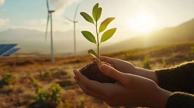 A close-up of hands holding a small plant with wind turbines and solar panels in the background, visualizing the synergy between green energy, sustainable investments, and stock market growth.  - Powered by Adobe