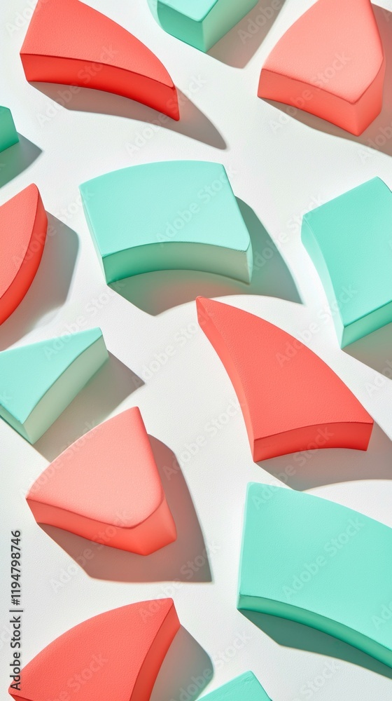 Poster bright coral and aqua shapes scattered across a minimalist surface create a playful and vibrant desi