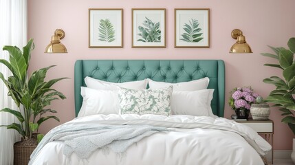 Cozy Bedroom with Green Headboard and Tropical Wall Art Decor