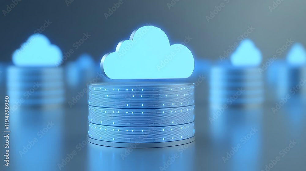 Poster cloud computing concept with blue cloud icon on stack of digital data storage devices displaying tec