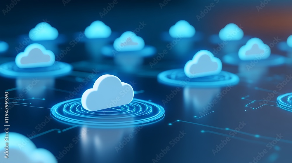 Poster cloud computing concept with digital connections and glowing circles representing network infrastruc