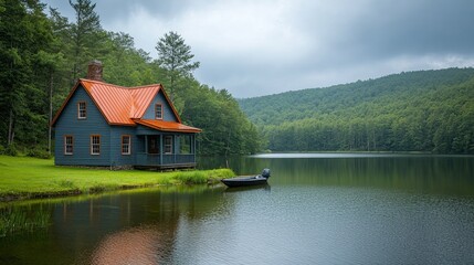 Fototapeta premium Lakeside cabin, tranquil lake, green hills, overcast sky, peaceful retreat