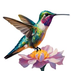 Fototapeta premium A hummingbird flying near a flower with vibrant wings and a ruby red beak, perched on a branch in a lush green natural setting