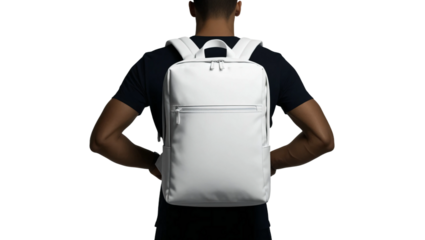 White blank backpack on man's back, view from behind, cut out.