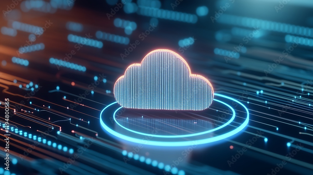 Poster cloud computing technology concept with digital interface and data connections in modern tech enviro