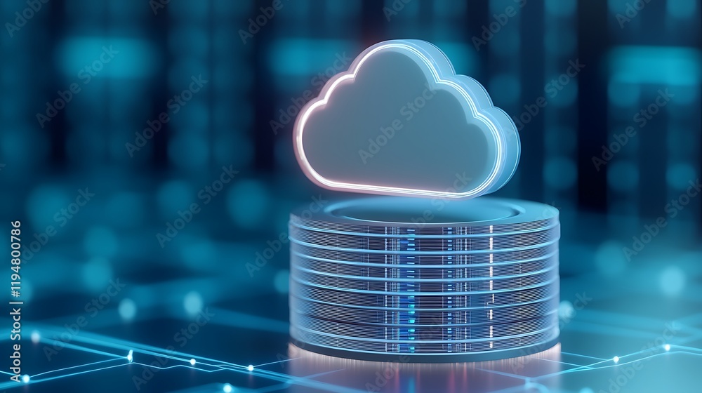 Poster cloud computing technology with digital data storage visualization and futuristic design elements
